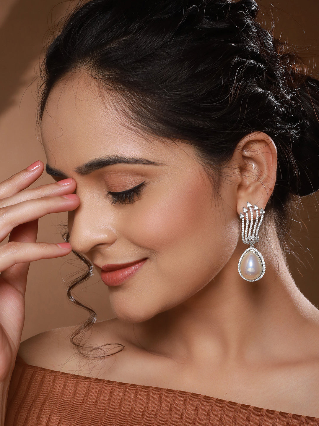 Silver Plated AD Studded  & Pearl Contemporary Hoop Bali  Earrings